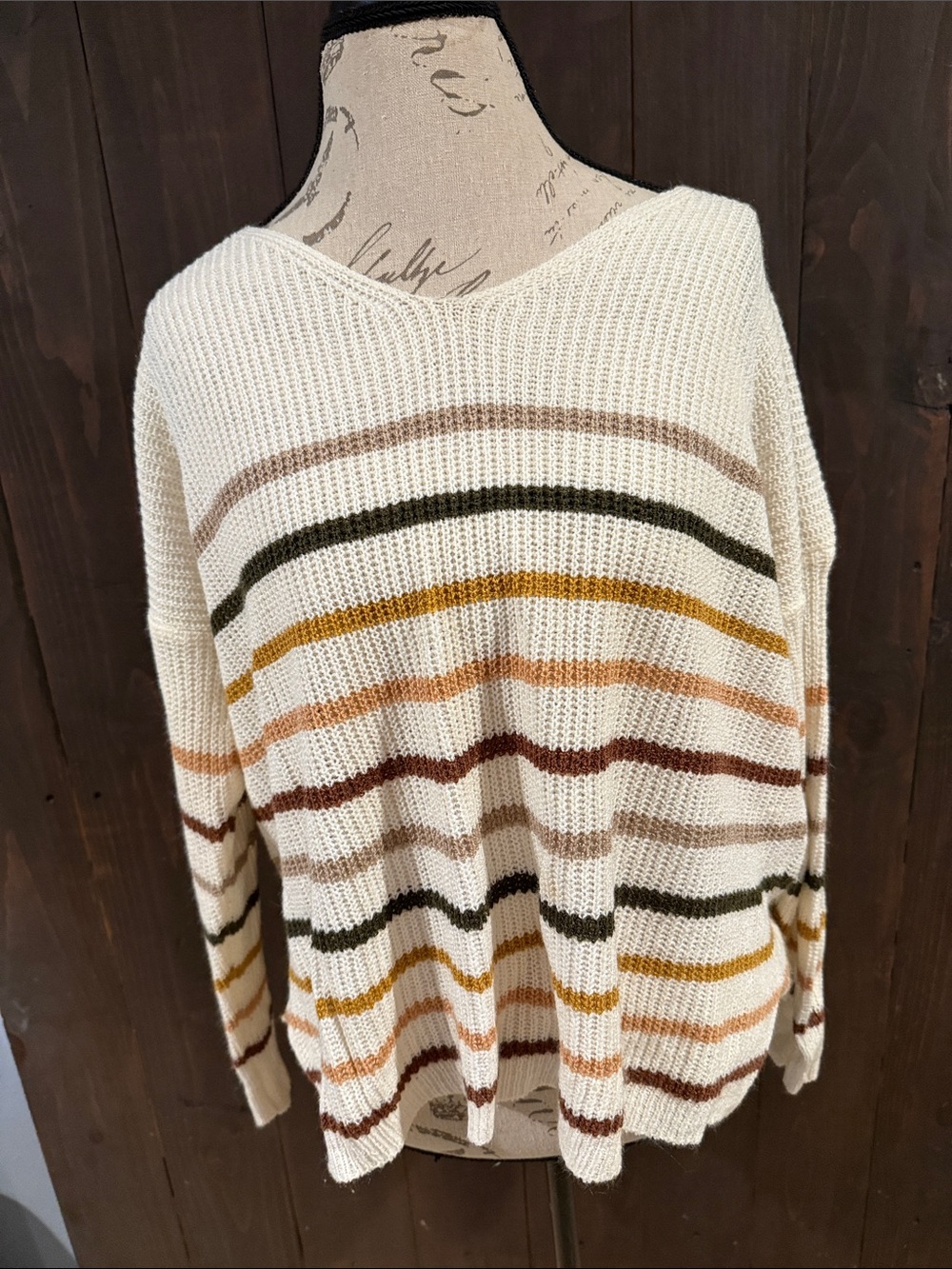Wishlist Cream V-Neck Striped Knit Sweater with Earth Tone Stripes